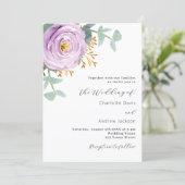 Violet paarse bloemengroen bruiloft kaart (Staand voorkant)