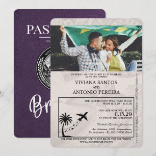 Violet Paarse Brazilië Paspoort Huwelijksuitnodigi Kaart