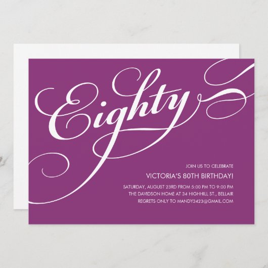 Violet Paarse Elegante 80ste Verjaardag Uitnodigin Kaart (Voorkant / Achterkant)