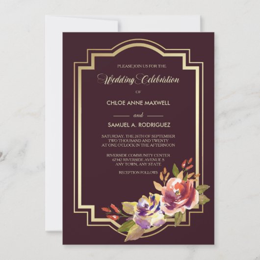 Violet Paarse gouden Lijst Bloemen bruiloft uitnod Kaart (Voorkant)
