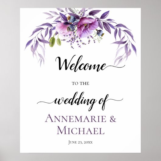 Violet Paarse lavender Floral Wedding Sign Poster (Voorkant)