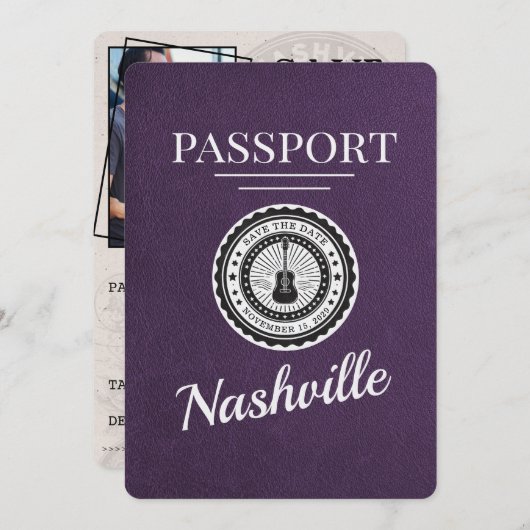 Violet Paarse Nashville Passport Bewaar de datum Save The Date (Voorkant / Achterkant)
