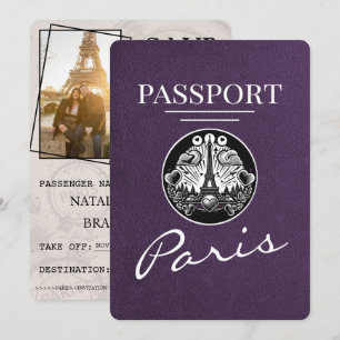 Violet Paarse Parijse Paspoort Bewaar de datum Save The Date