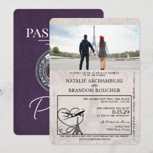 Violet Paarse Paris Passport Wedding Kaart