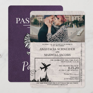 Violet Paarse Polen Paspoort Huwelijksuitnodiging Kaart