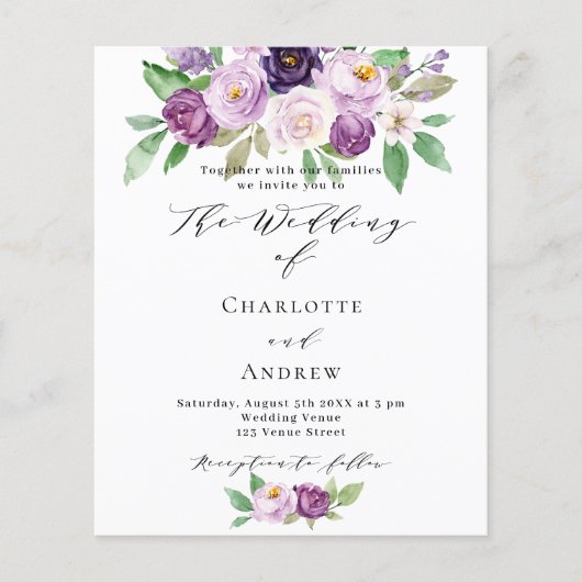 Violet paarse QR RSVP budget bruiloft uitnodiging (Voorkant)