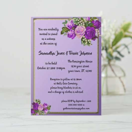 Violet Paarse Roos Gothic bruiloft Kaart (Staand voorkant)