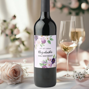 Violet paarse roze bloemen verjaardag wijn etiket