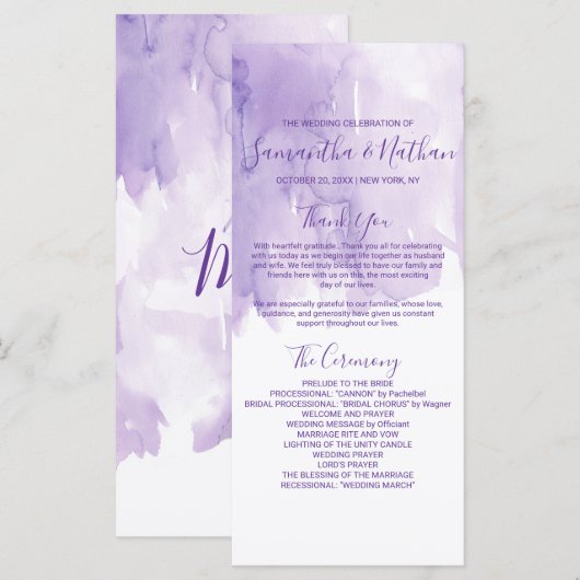 Violet Paarse Waterverf splash bruiloft programma' Programma (Voorkant / Achterkant)