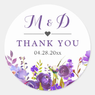 Violet Paarse Wild Flowers Monogram Weddenschap Ronde Sticker