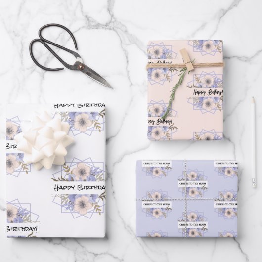 Violet & Pastel Rozen Papier Flat Sheet Set van 3 Inpakpapier Vel (Voorkant)
