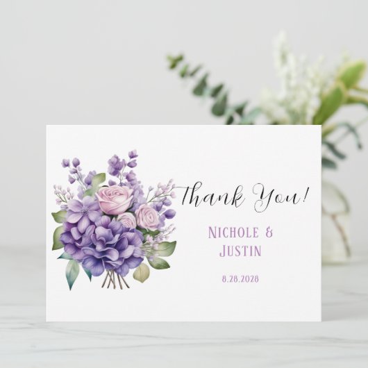 Violet pioen en Rozen bruiloft dank u kaarten (Staand voorkant)