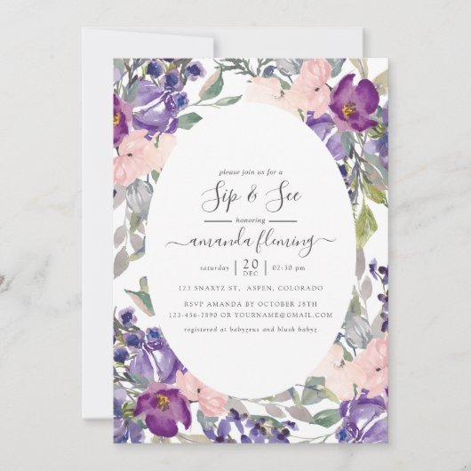 Violet, Plum en Blush Bloemen Sip en See Kaart (Voorkant)