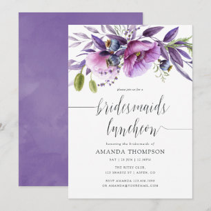 Violet Poppy Floral Bridesmaids Luncheon Invite Kaart