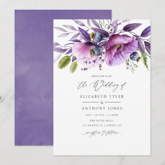 Violet Poppy Floral Wedding Kaart (Voorkant / Achterkant)