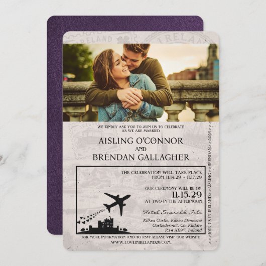 Violet Purple Passport Wedding Invitation Kaart (Voorkant / Achterkant)