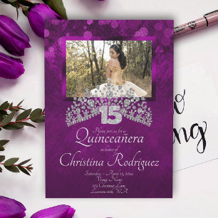 Violet Quinceanera Silver Tiara Uitnodiging