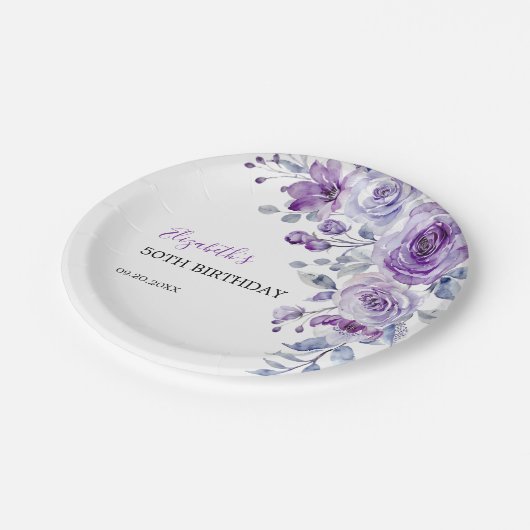 Violet Roos Greenery Bloemen Verjaardag Papieren Bordje (Gekanteld)