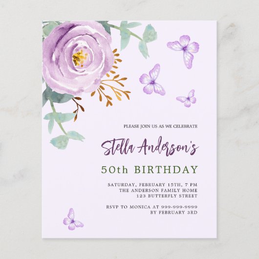 Violet roos vlinder budget verjaardagsuitnodiging (Voorkant)