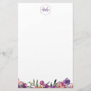 Violet Roze en Blue Floral Border Monogram Briefpapier