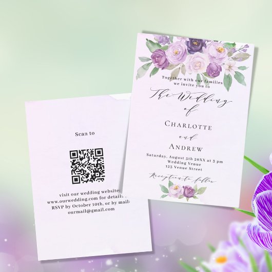 Violet roze paarse bloemen rozen QR RSVP bruiloft Kaart