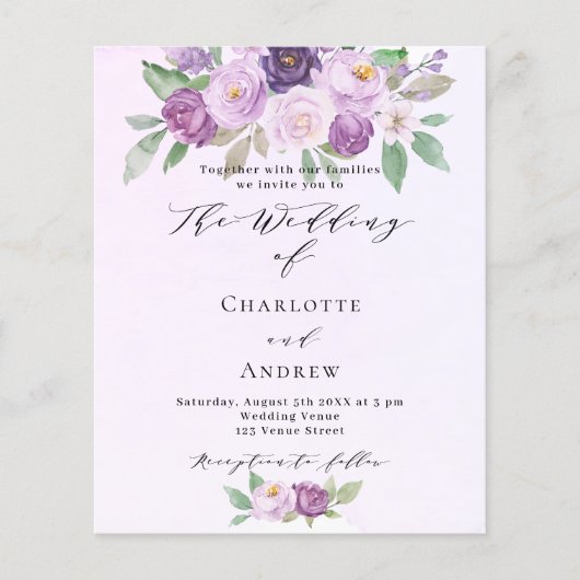 Violet roze rozen QR budget bruiloft uitnodiging (Voorkant)
