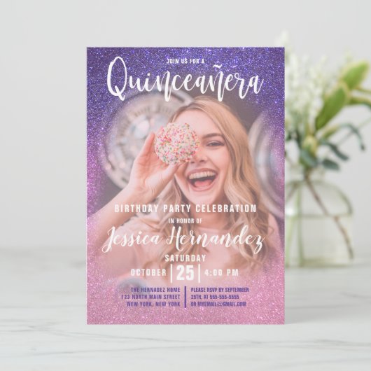 Violet Roze Triple Glitter Ombre Foto Quinceañera Kaart (Staand voorkant)