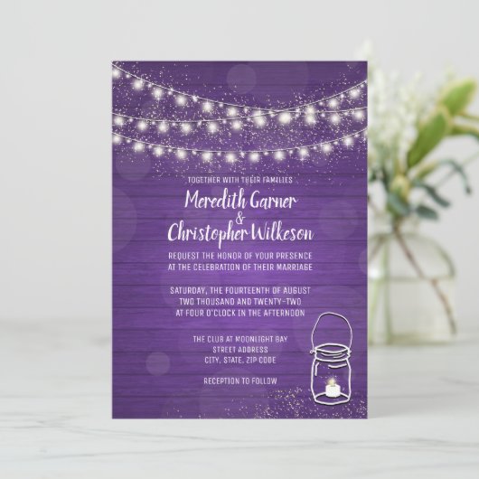 Violet Rustique Mason Jar Lumières Faire-part de m (Debout devant)