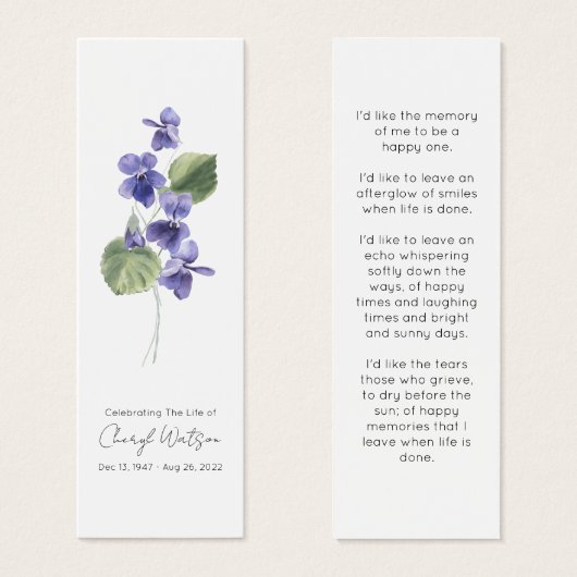 Violet | Signet funéraire simple mini marque-page (Devant & derrière)