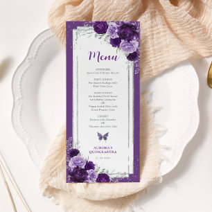 Violet Silver Rozen Quinceanera Verjaardag Menu Ka Kaart