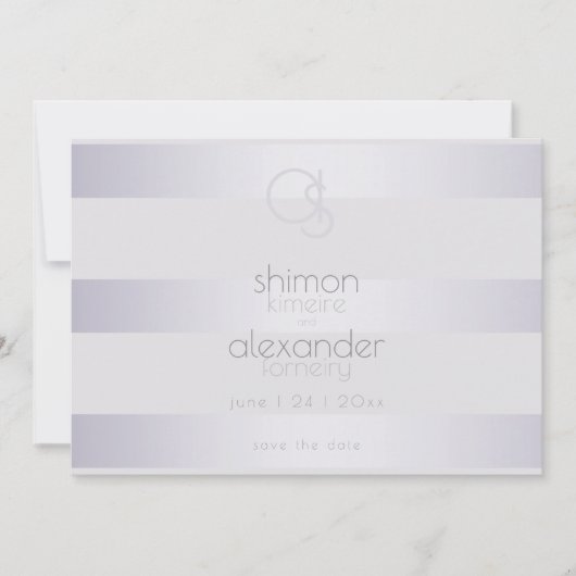 Violet Silver Shimmer Stripes Monogram2 Save The Date (Voorkant)