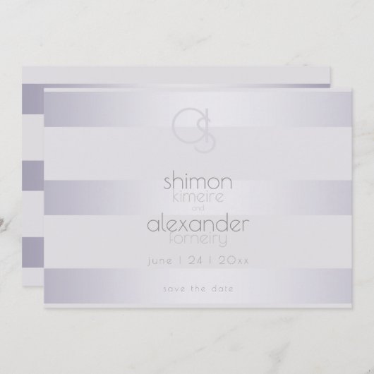 Violet Silver Shimmer Stripes Monogram2 Save The Date (Voorkant / Achterkant)