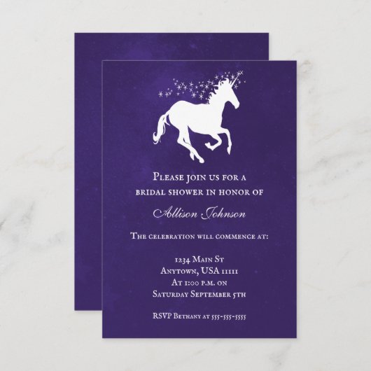 Violet Unicorn Vrijgezellenfeest uitnodigen Kaart (Voorkant / Achterkant)