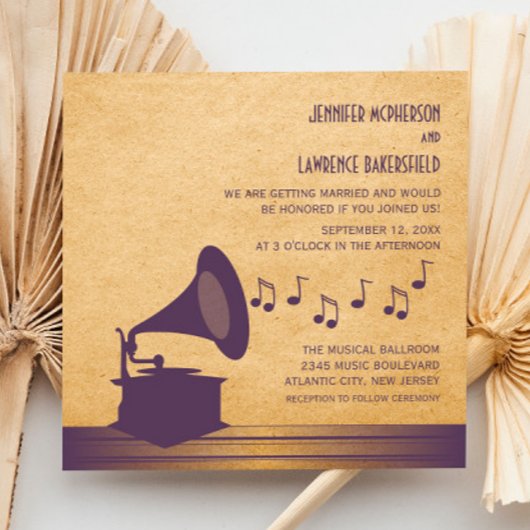 Violet Vintage Gramophone de mariage Invitation