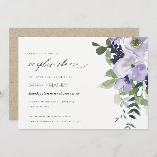 Violet Violet Floral Couples Feuilles Invitation d (Devant / Derrière)