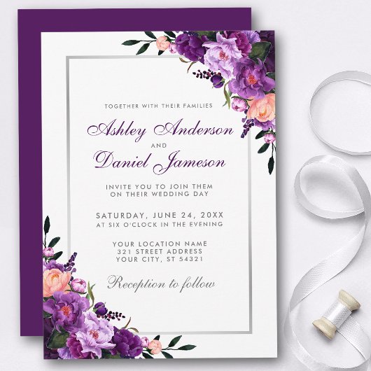 Violet violet Floral Faire-part de mariage d'argen