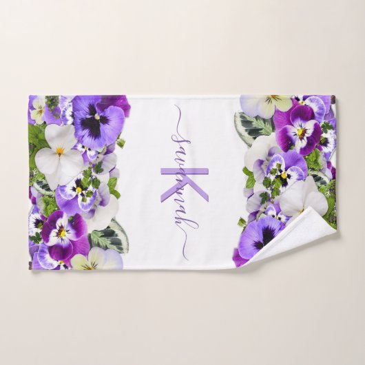 Violet violet floraux blanc monogramme nom script (Serviette à main)