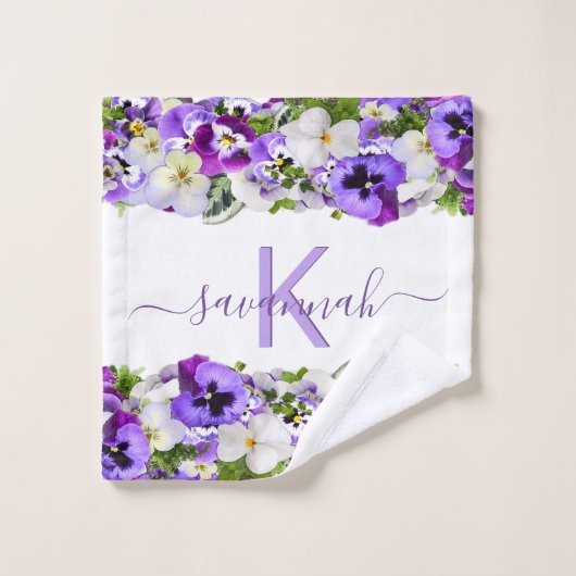 Violet violet floraux blanc monogramme nom script (Gant de toilette)