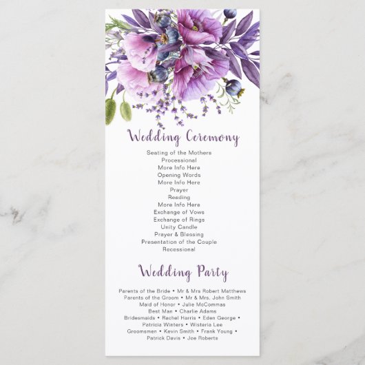 Violet Violet Lavande Fleurs Programme de mariage (Dos)