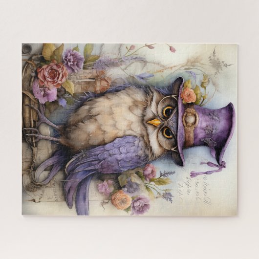 Violet Visionair: Whimsical Uil met Bril Legpuzzel (Horizontaal)