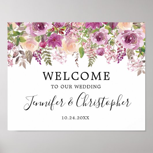 Violet Waterverf Floral Wedding Welcome Poster (Voorkant)