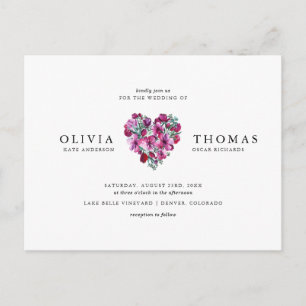 Violet Waterverf Flowers Heart Bouquet Wedding Uitnodiging Briefkaart