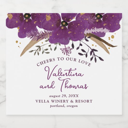Violet Waterverf Flowers Wedding Sparkling Wijnetiket (Enkel label)