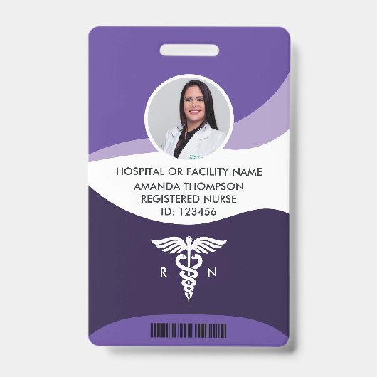 Violet Wave Graphic Registered Neurse Foto ID Badge (Front)