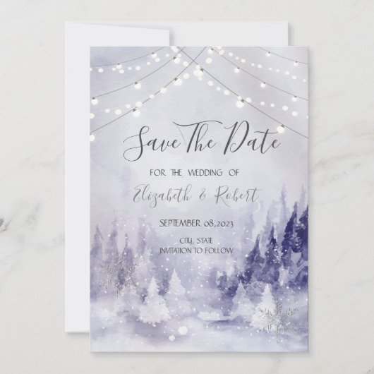 Violet Winter Landschap Sneeuwvlokken Sla de datum Save The Date (Voorkant)