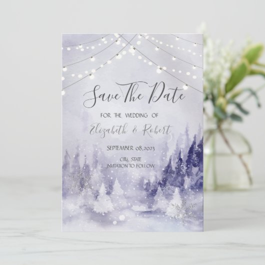Violet Winter Landschap Sneeuwvlokken Sla de datum Save The Date (Staand voorkant)