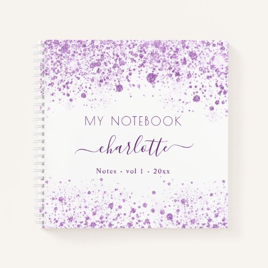 Violet wit glitter stof paars naamscript notitieboek (Voorkant)
