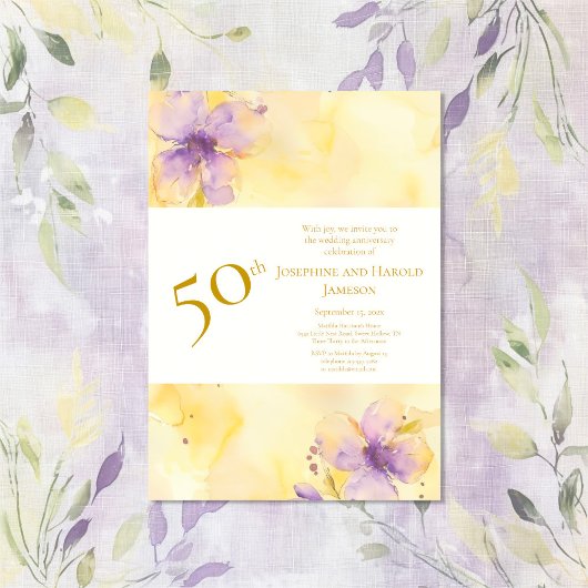 Violets Gold 50e anniversaire Mariage Invitation