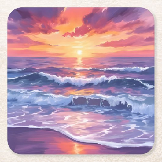 violette vloed | Paarse zonsondergang oceaangolven Vierkante Kartonnen Onderzetter (Voorkant)