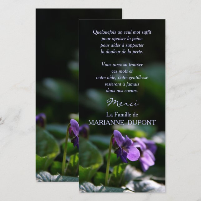 Violettes Sauvages Carte de Remerciement Deuil (Devant / Derrière)